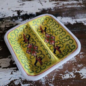 Vintage Chinese Famille Jaune Yellow Floral Chinoiserie Divided Sauce Dish